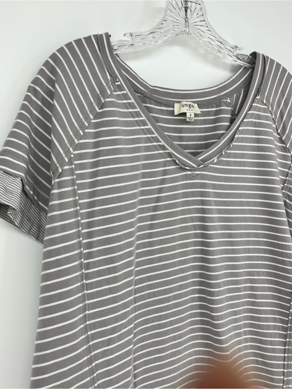 Umgee Gray Striped Blouse Small Oversized Cotton Shirt V Neck Tunic Style - Picture 2 of 6
